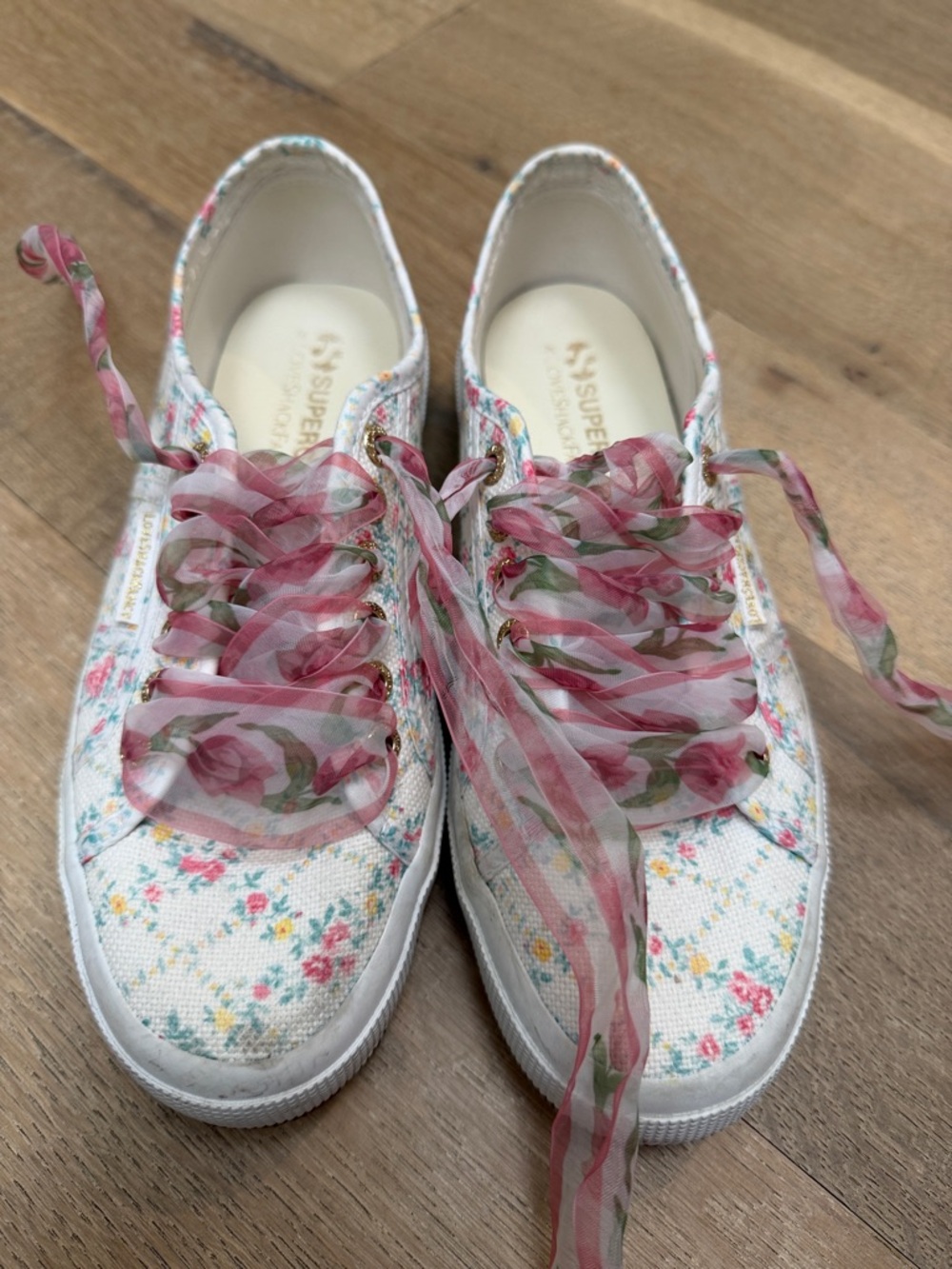 Superga x loveshackfancy White Floral Canvas Sneakers with Pink Ribbon Laces